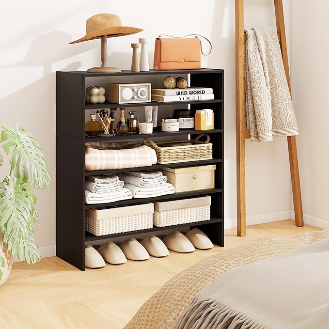 COSTWAY 6-Tier Shoe Rack, Extra Wide Shoe Shelf Organizer with Stackable Design, 31" Freestanding Adjustable Storage Shoe Stand for Small Space Entryway Hallway Closet (1,Black)