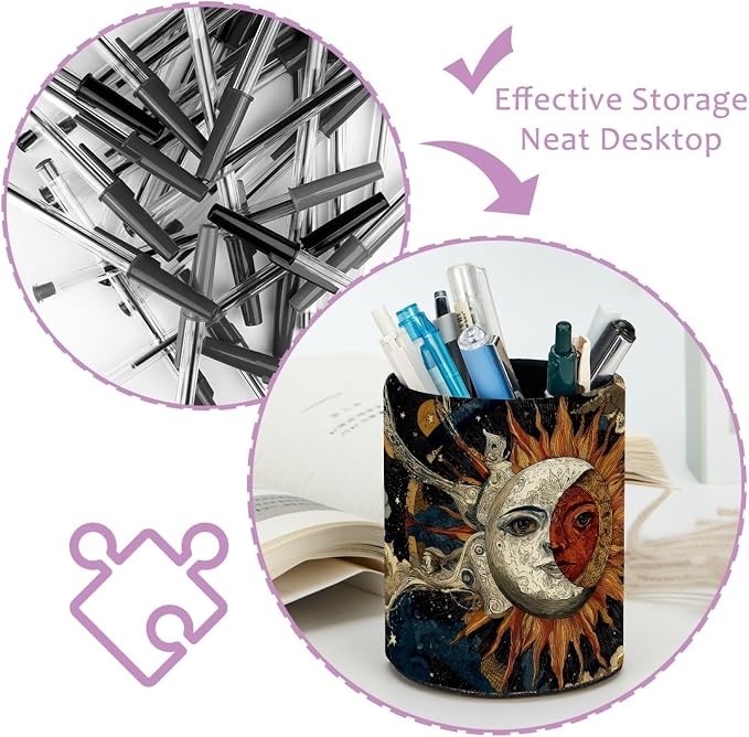 Retro Sun Pattern Pen Holder Pencil Organizer for Desk, 3.1” x 3.1” x 3.9” Pencil Cup Office Supplies, Large Capacity Cute Pen and Makeup Brush Holder for Home, School, Desktop