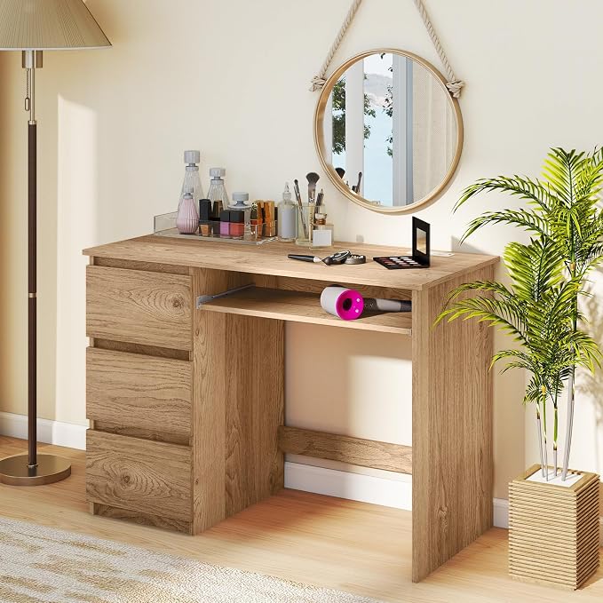 GOFLAME Computer Desk with 3 Drawers & Charging Station, 42” Home Office Desk with Storage & Keyboard Tray, Writing Desk PC Workstation Vanity Table (Natural)