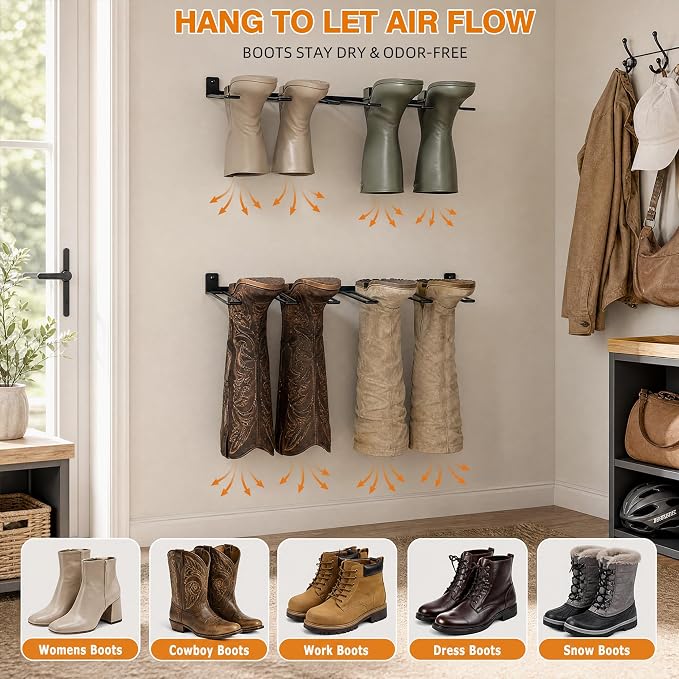 ORLESS Wader Hangers 4-Pair Boot Rack Garage Storage, Cowboy Boot Holder, Metal Wire Organizer for Entryway