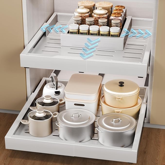 1 Pcs Pull Out Cabinet Organizers, Width (12"-19") and Depth (17"-23") Expandable With 3 Slides, No Drill Slide out Drawers Adhesive Film or Nail Cabinets Without Lip in Kitchen, Bathroom