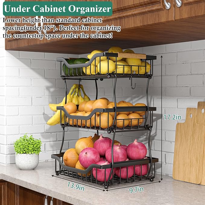 OKZEST 3-Tier Fruit Basket Fits Under Standard Upper Cabinet, 17.2" Tall | 2-In-1 Wall Mount & Countertop. Stackable Kitchen Organizer with Banana Hanger, Hold Potato, Onion, Bread, Snack, Can, Veggie