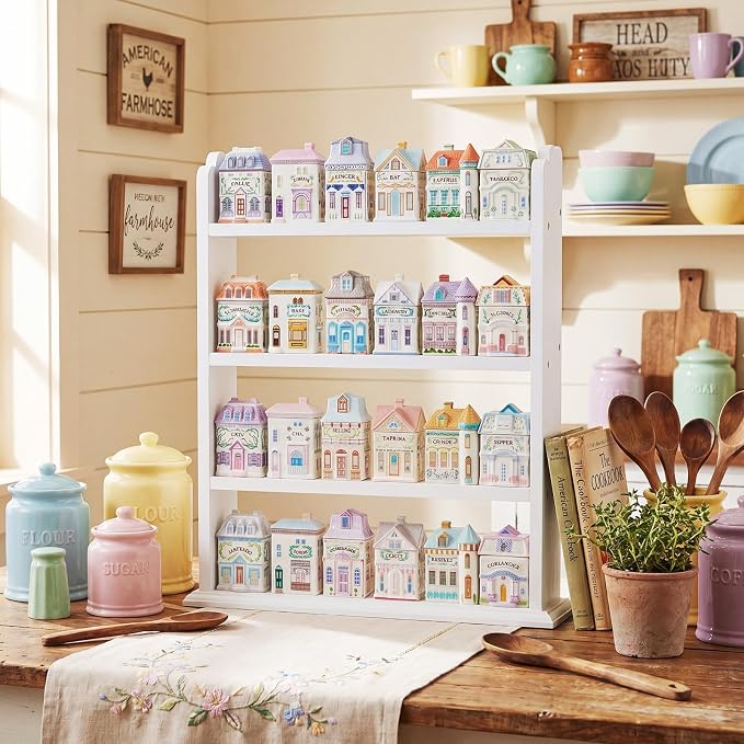 Sintuff Vintage Spice Rack 4 Tier Wood Spice Shelf Wall Mount House Village Style Jar Display Shelf for Kitchen Organizer Storage Display Holder, Holds 24 Jars, 22 x 14 Inches