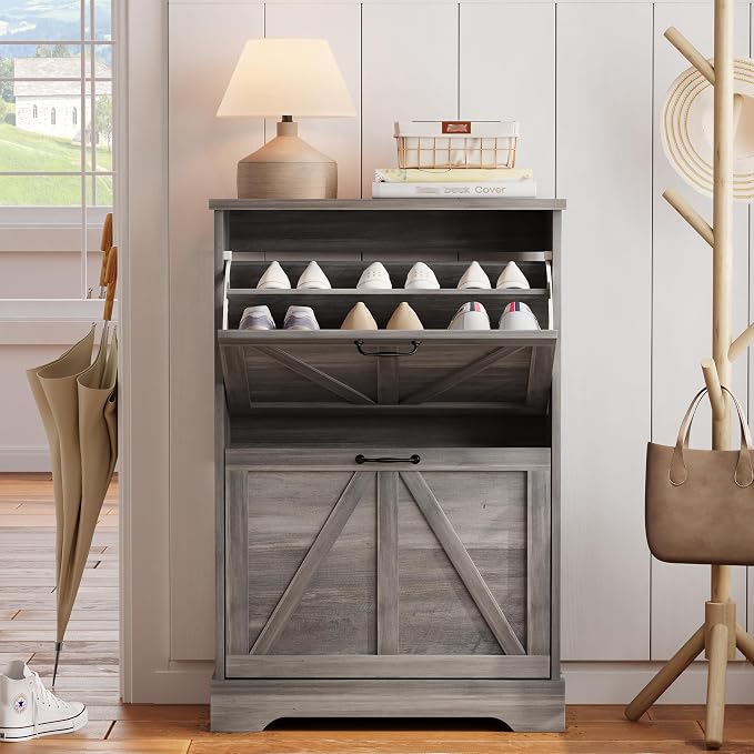 Semiocthome Farmhouse Shoe Storage Cabinet with 2 Flip Drawers, 23.6"(W) Freestanding Shoe Organizer with Barn Door and Metal Handles for Entryway, Rustic Narrow Slim Shoe Rack Cabinet - Washed Gray