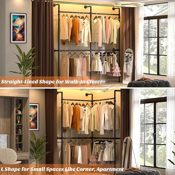 Aheaplus Industrial Pipe Clothing Rack, Reversible 6.75FT Clothes Rack for Hanging Clothes, Heavy Duty Garment Racks, Wall Mounted Closet Wardrobe Racks, Corner L Shaped Walk-in Closet System, Black