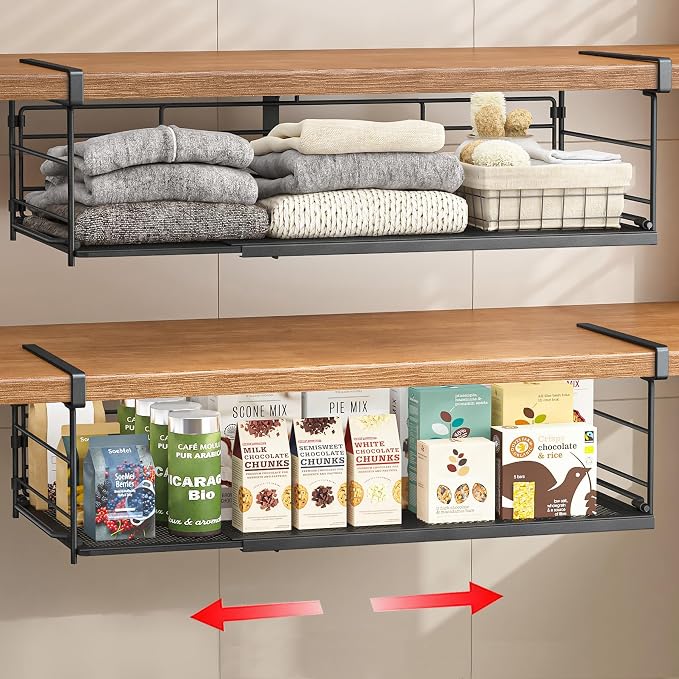 Expandable Under Cabinet Shelf, Extendable Under Shelf Storage with Removable Wire-Like Back for Pantry Cabinet, Laundry Room, Shoe Rack. (Black, 2 Pack, Interior: 5" H x 10" D)