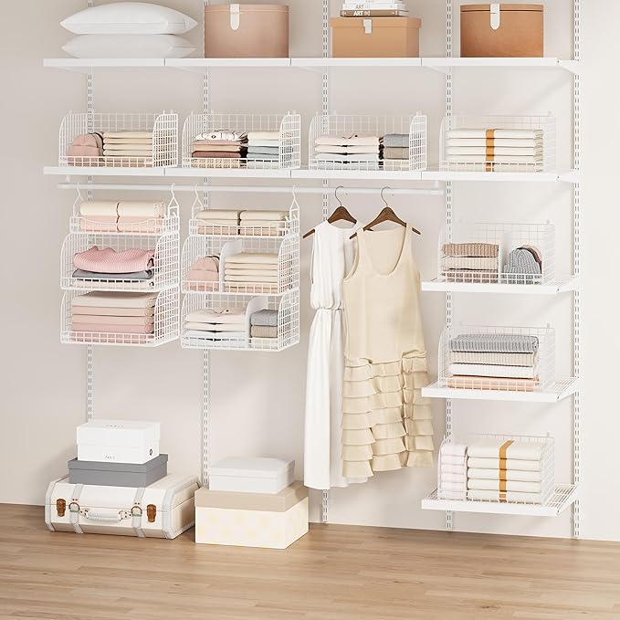 SWTYMIKI Hanging Closet Organizer Storage - 3 Tier Metal Stackable Hanging Closet Shelves with Dividers and S Hooks, Foldable Clothes Shelves for Clothes, Pants, Shoes, Coat, Hats Clutches Accessories