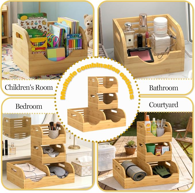 Upgraded 3 Tier Bamboo Pantry Storage Bins,Large potato storage | With 2 Banana Hangers,Stackable Potato and Onion Storage Bin with Airflow Vent,Vegetable Storage,for Kitchen Countertop