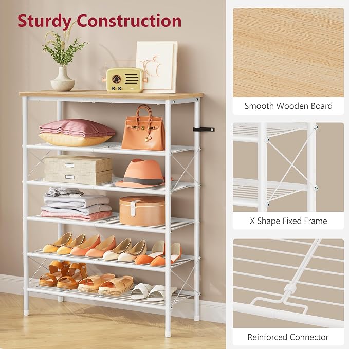 Tajsoon 6 Tier Shoe Rack Organizer for 20-24 Pairs of Shoes, Metal Mesh Shoe Shelf for Closet, Industrial Shoe Rack for Entryway Shoe Storage with X Shape Fixed Frame, White Log