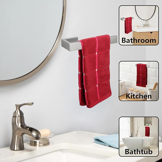 TocTen 4 Pcs Bathroom Hardware Set, Thicken Stainless Steel Hand Towel Bar Set-Includes 9IN Bath Towel Holder+Toilet Paper Holder+2 Robe Towel Hooks, Wall Mounted Bathroom Accessories Kit(Brushed)