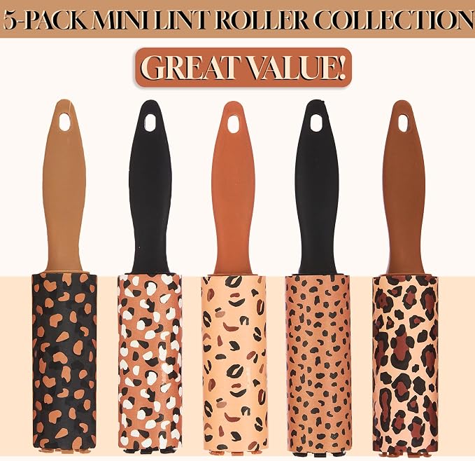 5pc Brown Mini Lint Roller Value Pack - Colorful Compact Rollers for Travel | Pet Hair & Lint Remover for Clothing & Household Use. Portable On-the-Go Lint Removers