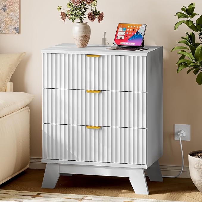 BORNOON 30.5" Nightstand with Charging Station, 3-Drawer Fluted Bedroom Chest, Wood Bedside Dresser with Power Outlets and USB Ports, Metal Slides, Stable Base, Modern Storage Cabinet for Small Spaces