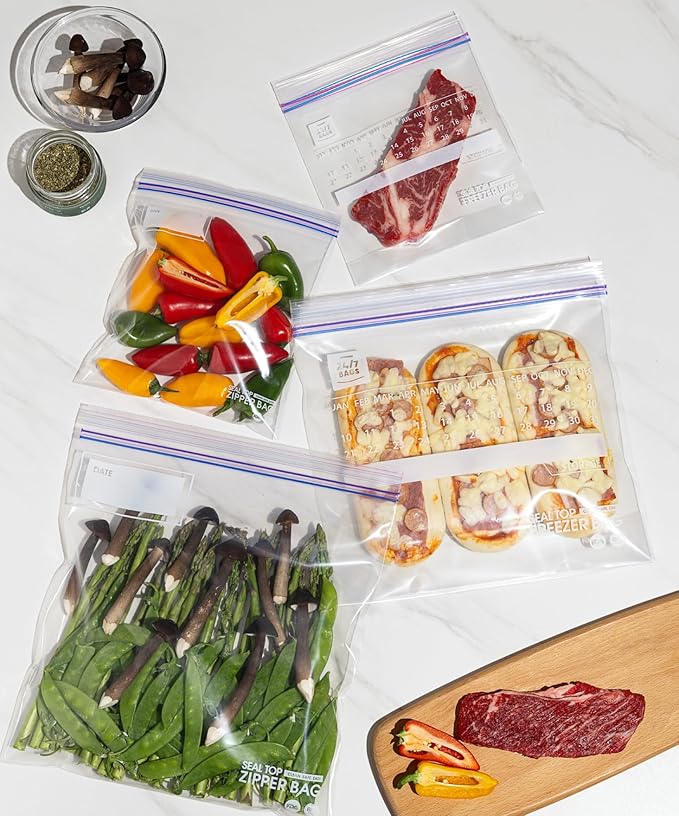 Freezer Double Zipper Food Storage Bags, Combo Pack, Quart and Gallon Sizes, BPA-Free, Heavy Duty (50 Quart and 30 Gallon in One Box)