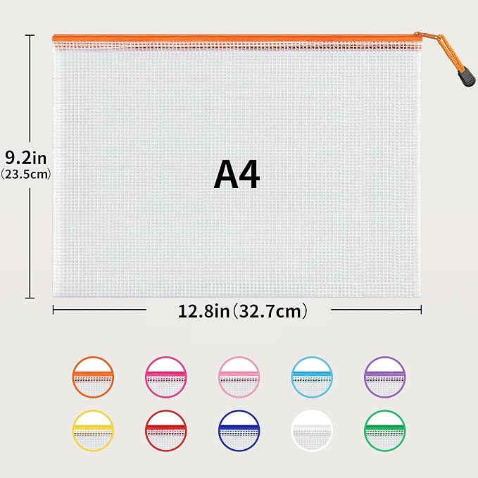 JARLINK A4 Letter Size 30 Pack 10 Colors Zipper Mesh Document Pouch, Mesh Bags for Board Games & Puzzles, Waterproof Document Zipper Pouches for Office School Supplies, Toys, Cosmetics Travel Storage