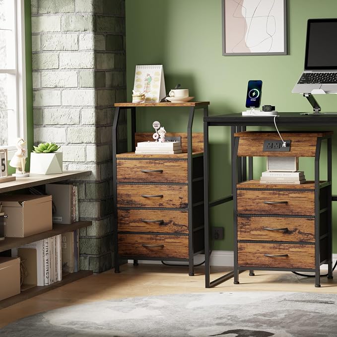 Furnulem Night Stand with Charging Station, USB Ports and Outlets, 28.3 Inch Tall Bedside Table with Wood Shelf, 3 Fabric Drawers Side Table for Bedroom, 3 Ways to Use, Rustic Brown
