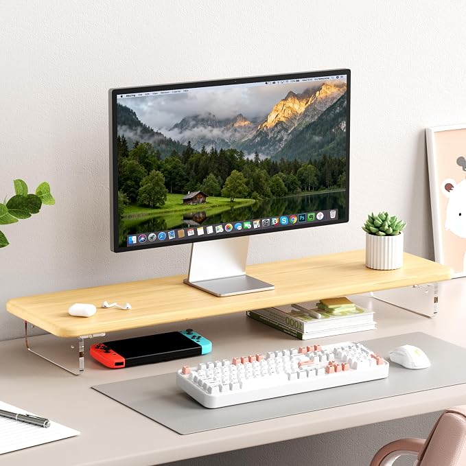 AFOOYO Bamboo Monitor Stand Riser, 31.5 In Computer Riser Desk Organizer | Desk Organizer Adjustable Arylic Feet Computer Monitor Stand, Desk Shelf for Office