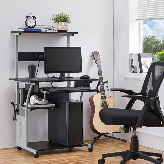 Topeakmart Rolling Computer Desk with Charging Station and 2 USB Ports for Small Space, Study Writing Desk with Keyboard Tray and Printer Shelf for Home Office, Compact Study Table with Wheels, Black