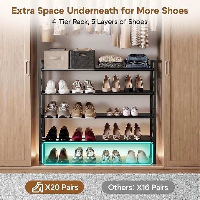 YEASHEIN 4-Tier Expandable Shoe Rack Organizer with Wire Mesh Shelf - Black | Sturdy Metal Shoe Shelf with 5-Tier Storage, Adjustable Shoe Stand, Free Standing Shoe Rack for Closet, Entryway, Garage