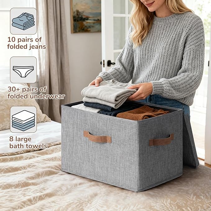 CHICVITA 4-Pack Large Storage Bins with Lids, Fabric Storage Boxes for Organizing, Decorative Storage Boxes with Handles for Clothes Toy, Grey