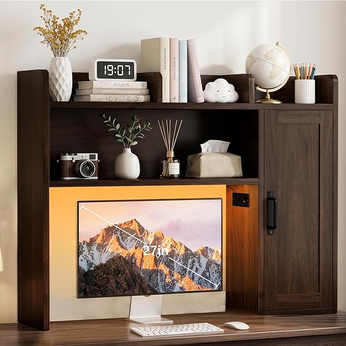 Desktop Bookshelf, Desk Hutch with RGB LED Lights & Power Outlets 37" Desk Hutch Organizer with Storage Cabinet Desktop Storage Shelf for 27" Monitor, Tabletop Bookcase for Dorm Office Home