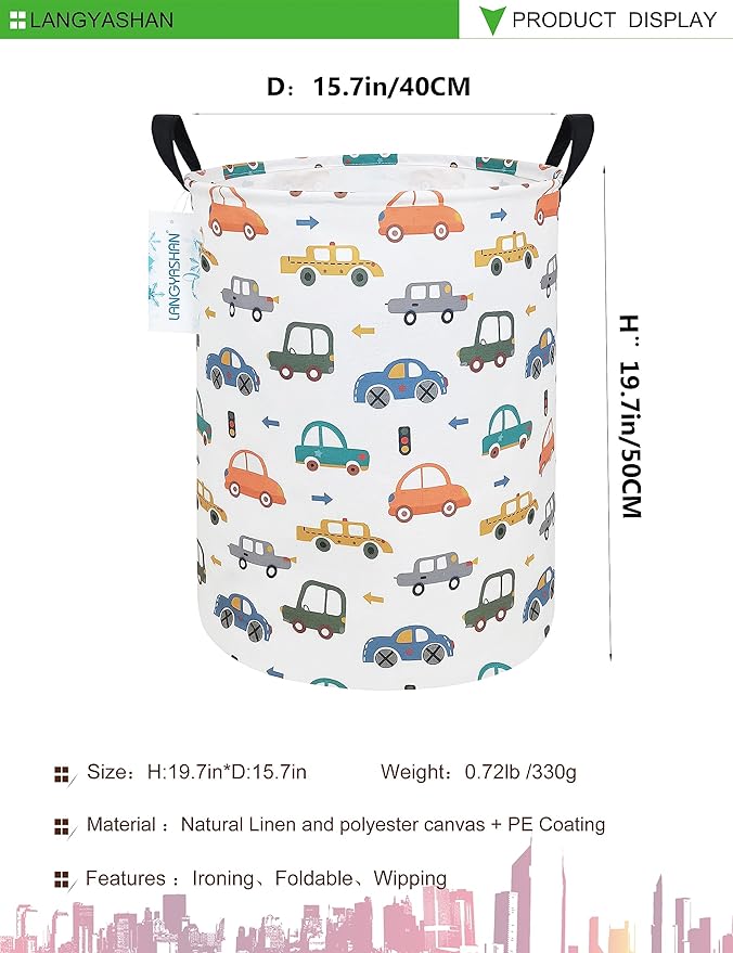 LANGYASHAN Laundry Basket Canvas Fabric Collapsible Organizer Basket for Storage Bin Toy Bins Gift Baskets Bedroom Clothes Children Nursery Hamper (Round Color Cars)