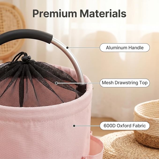Pink Cleaning Caddy with Handle & Drawstring Top, 17L Foldable | Waterproof 600D Oxford Utility Caddy with 6 Pockets, Collapsible Cleaning Basket for Home, Garden, Dorm, Shower, Bathroom