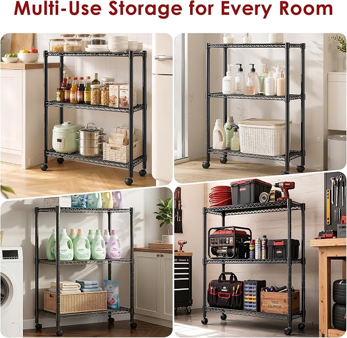 Simple Deluxe 3-Tier Heavy Duty Adjustable Storage Shelf with Wheels, 23.23”W x 13.39”D x 30.31”H, Mobile or Stationary Metal Shelving Unit, Easy Assembly for Kitchen, Pantry, Laundry Room, Black