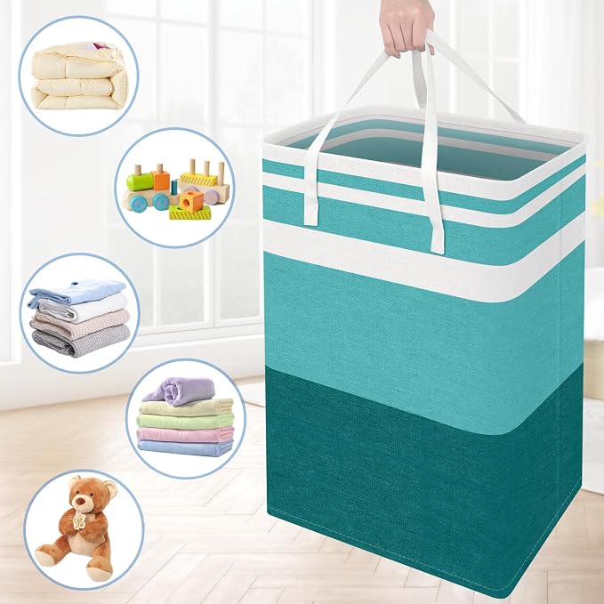 BlissTotes 3-Pack Laundry Basket, Freestanding＆Waterproof Laundry Hamper, Collapsible Tall Clothes Hamper with Easy Carry Handles for Clothes, Towels in the Family and Dorm,Gradient Green,100L