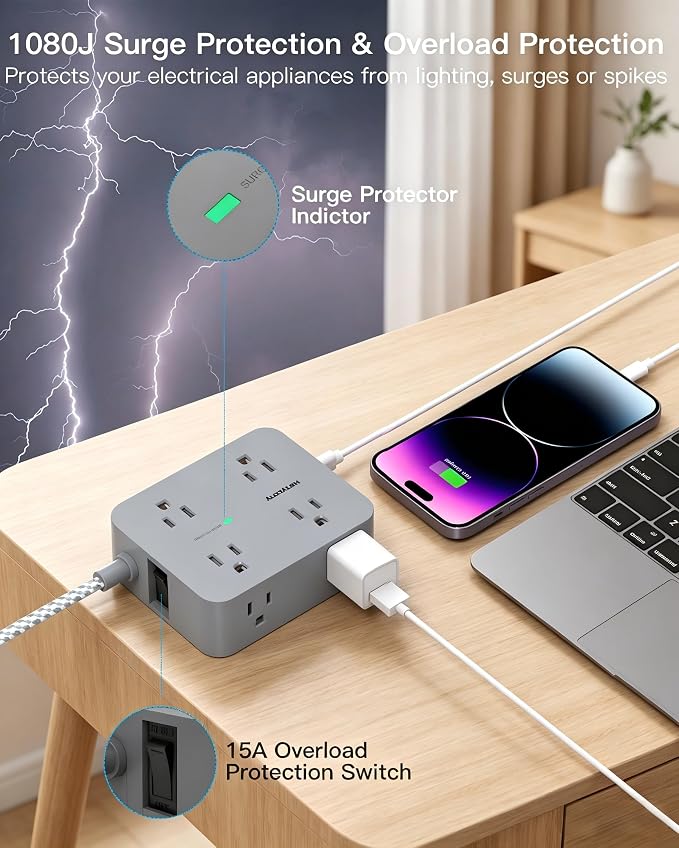 Surge Protector Power Strip - HANYCONY 8 Outlets 4 USB (2 USB C) Charging Ports, Multi Plug Outlet Extender, 5Ft Braided Extension Cord, Flat Plug Wall Mount Desk Charging Station for Home Office ETL