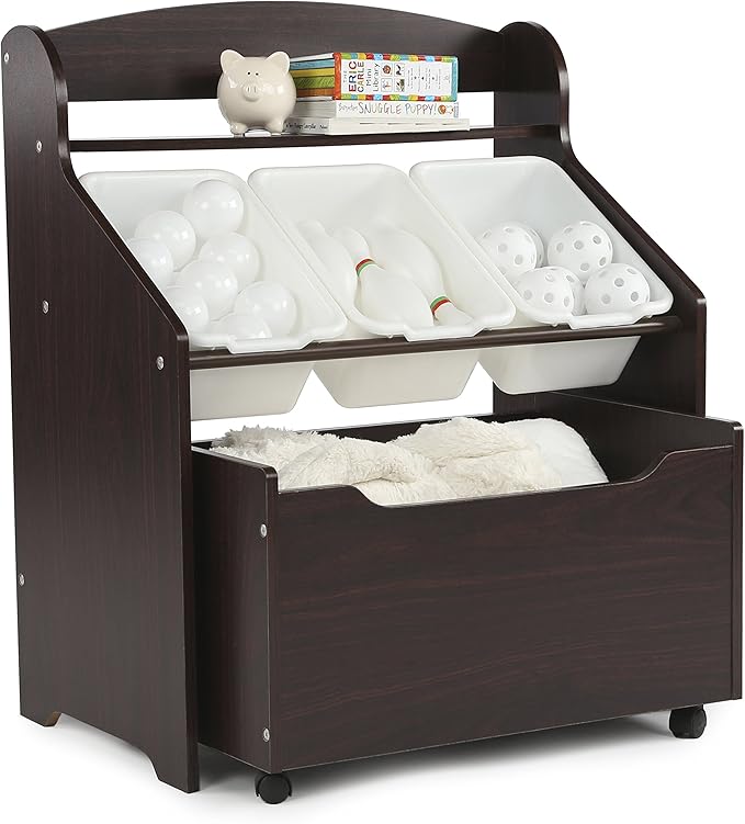 Humble Crew 3-in-1 Kids Bookshelf and Toy Storage Organizer, Espresso - Toddler Organizers with Rolling Toy Box and 3 Plastic Bins – Sturdy Baby Book Shelf, Perfect for Nursery and Playroom