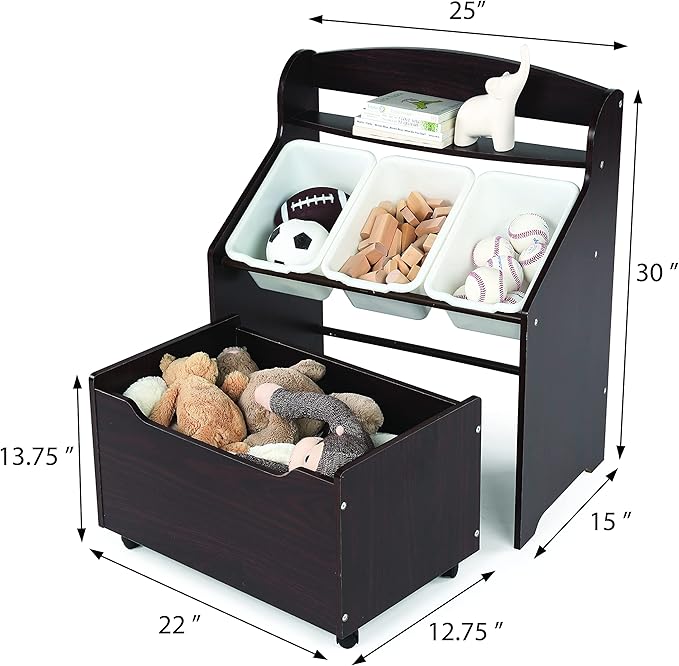 Humble Crew 3-in-1 Kids Bookshelf and Toy Storage Organizer, Espresso - Toddler Organizers with Rolling Toy Box and 3 Plastic Bins – Sturdy Baby Book Shelf, Perfect for Nursery and Playroom