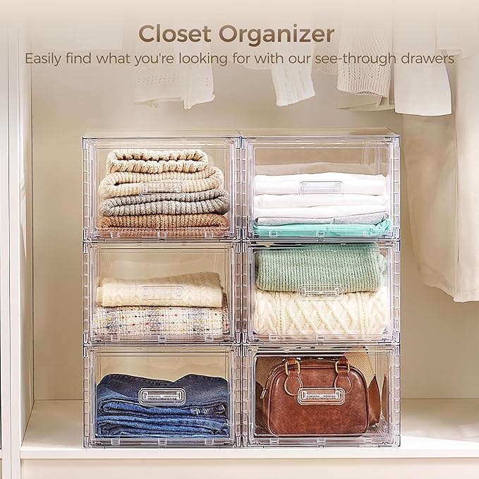 Vtopmart 2 Pack 18QT Clear Stackable Storage Drawers,Easily Assemble Closet Organizers,Plastic Storage Bins for Bathroom,Cabinet,Kitchen Pantry,Under Sink Organization(Medium)