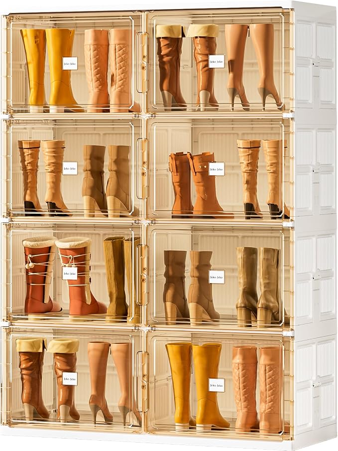 JEKO&JEKO Foldable Boot Storage Cabinet with Magnetic Doors,4-Tier Double-Column Tall Shoe Organizer for Closet & Entryway,Space Saving Shoe Rack for Boots,Fits Up to 16 Pairs, White