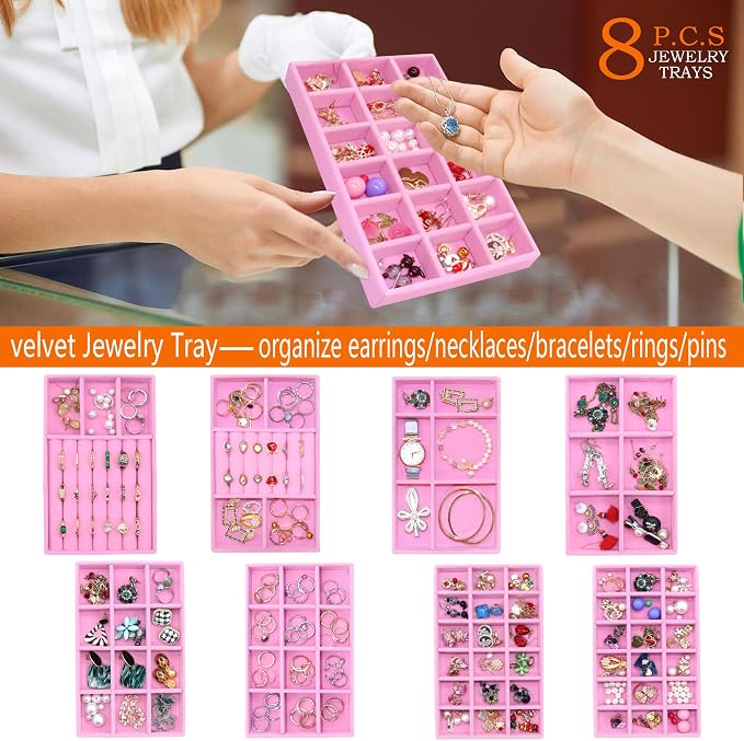 Jewelry Trays for Drawer Orgainzer Set of 8 Stackable Velvet Jewelry Organize Display Storage Box Earring Showcase Dresser Drawer Organizer for Earring Necklace Bracelet Ring