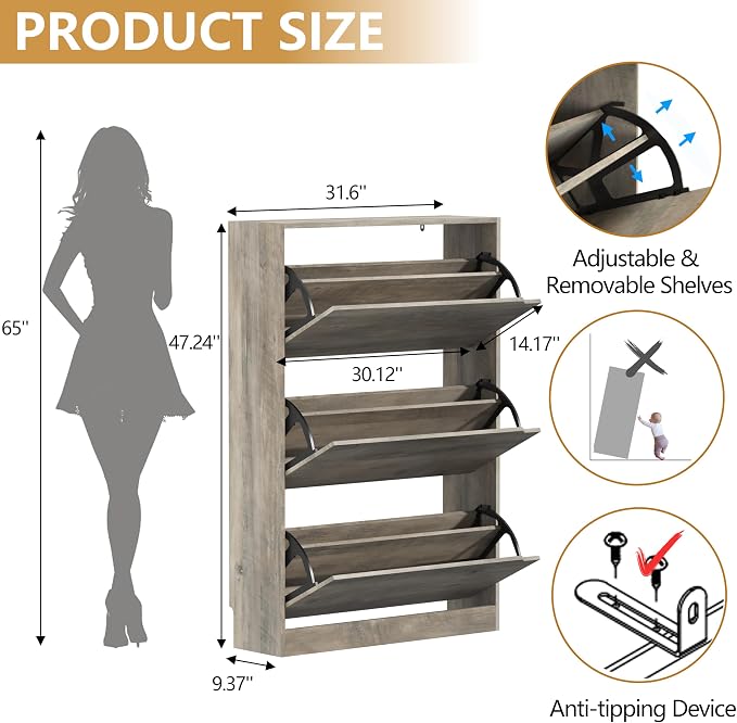 Wodeer Narrow Shoe Cabinet for Entryway, Slim Shoe Storage Cabinet with 3 Flip Drawers, Hidden Wood Shoe Cabinet Storage, Freestanding Shoe Rack Organizer Foyer, Hallway, Grey