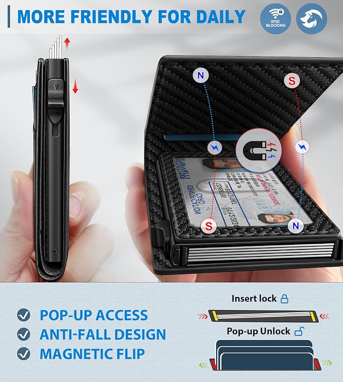 Wallet for Men, Slim Pop Up Card Holder with RFID Blocking, Minimalist Bifold Wallet with 9 Card Slots, ID Window and Cash Pocket, Metal Flip Case with Magnetic Closure, Gift Box
