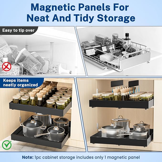 2 Pack Pull Out Cabinet Organizer Expandable Width(12.2"-20.47") & 21"Deep, Insputer No Drill Adhesive Slide Out Drawers with Upgrade 3 Slide Rails, Magnetic Panel, Roll Out Shelf for Kitchen, Pantry