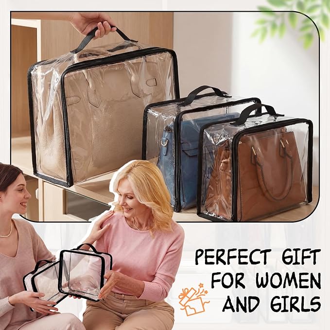 Hsei 5 Clear Dust Bags For Handbags 5-Sizes Fits Mini Wallets Oversized Tote Bags PVC Waterproof Purse Storage Organizers for Luxury Bag Soft Stand-Up with Zipper Handle for Closet Hanging
