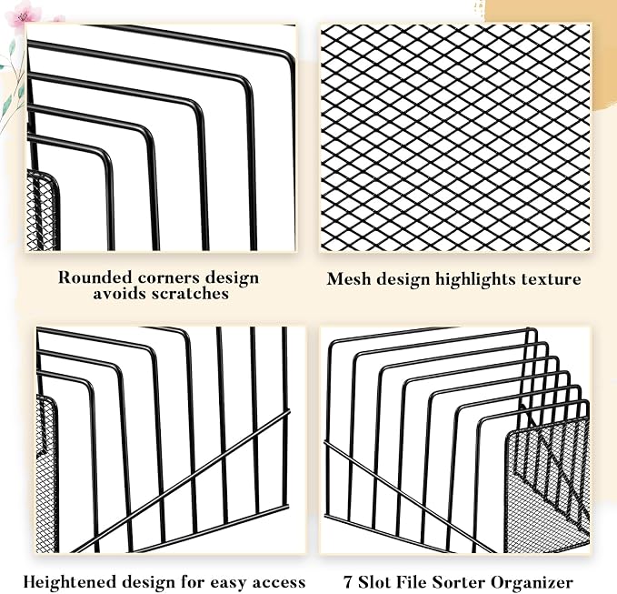 4 Pcs 7 Section Wire File Organizer for Desk, Metal Mesh Incline File Holder, Letter & Magazine Folder Rack, Desktop Paper Sorter for Home Office Back to School (Black)
