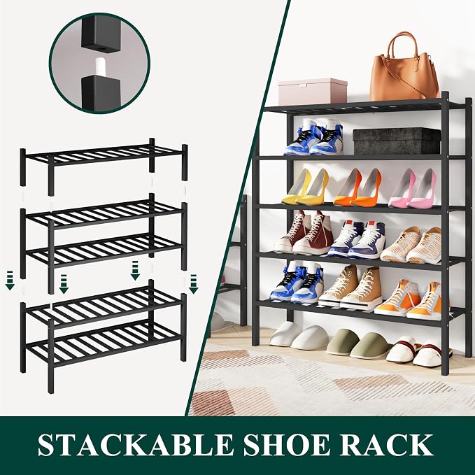 Smiry Bamboo Shoe Rack, 6 Tier Free Standing Wooden Shoe Organizer, Stackable Wood Shoe Storage Shelf for Closet, Entryway, 12 Vertical Slats, 2+2+2 Stack Standard Legs, 26.8"x11"x39", Black
