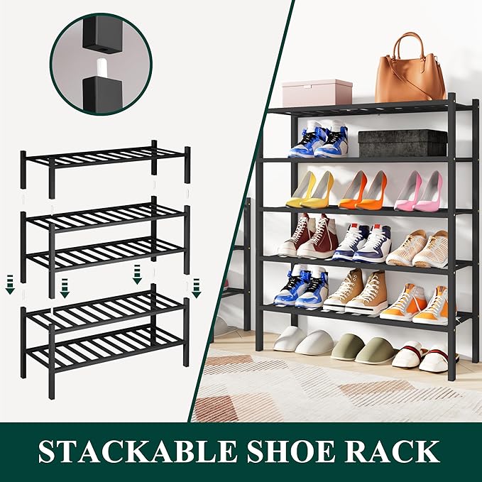 Smiry Bamboo Shoe Rack, 5 Tier Free Standing Wooden Shoe Organizer, Stackable Wood Shoe Storage Shelf for Closet, Entryway, 12 Vertical Slats, 2+2+1 Stack Standard Legs, 26.8"x11"x32.5", Black