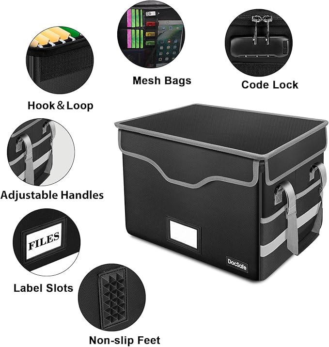 DocSafe Fireproof Document Box with Lock,File Storage Organizer with Pockets,Collapsible Portable File Box Home Office Safe Filing Cabinet with Handle for Hanging Letter/Legal Folders,Black,2 Pack