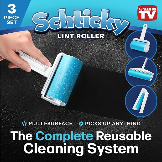 Schticky Lint Roller Set - Reusable & Washable Lint Roller Cleaner for Clothes Sofa Furniture Car Cat Dog Hair - Clean in a Quicky with Schticky (3 Piece Set)