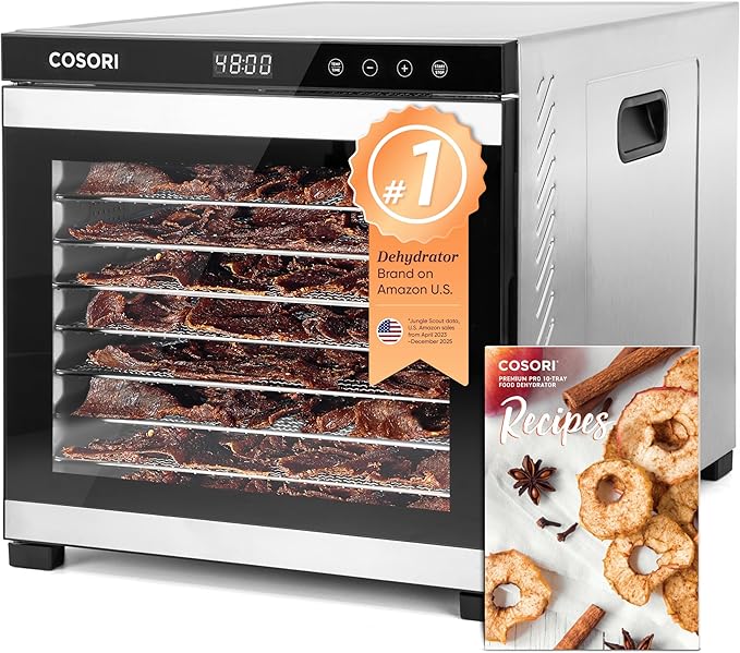COSORI Food Dehydrator for Jerky, 10 Trays, 16.2ft² Drying Space, 165°F Temperature Control, 48H Timer, 1000W Dehydrator Machine, Stainless Steel, for Herbs, Fruit, Meat, and Yogurt, Silver