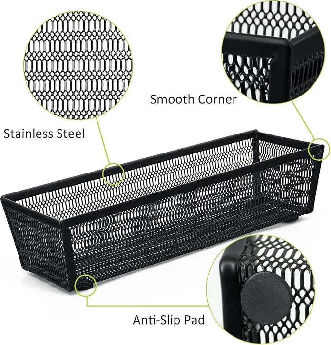 Neudeco Drawer Organizer Set 6 Pack - 5-Compartment Silverware Organizer Tray + 5 Utensil Trays, Kitchen Drawer Organizer for Flatware, Cutlery, Office Supplies, Black Mesh, Non-Slip.