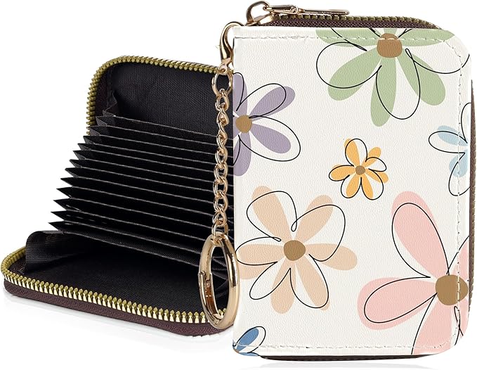 Credit Card Holder for Women,Small Rfid Wallet with Keychain Zipper,Cute PU Leather Card Case Wallet，Accordion Credit Card Wallets Gift,Colorful Line Flowers