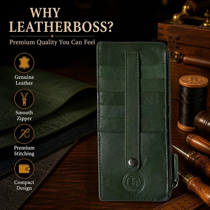 Leatherboss Genuine Leather Women's All in One Credit Business Card Case Holder Slim Zipper Wallet With a Card Protection Strap, Teal Green