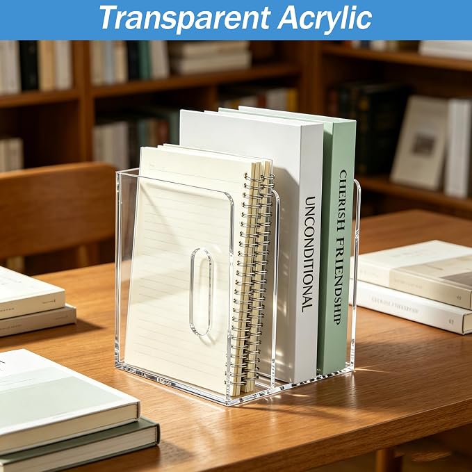 Desk File Organizer Magazine Holder 3 Vertical Acrylic Book Stand | Office Organization for Binders, Notebooks, Documents, Mail, Home Desk Decor Supplies, Classroom Storage Rack