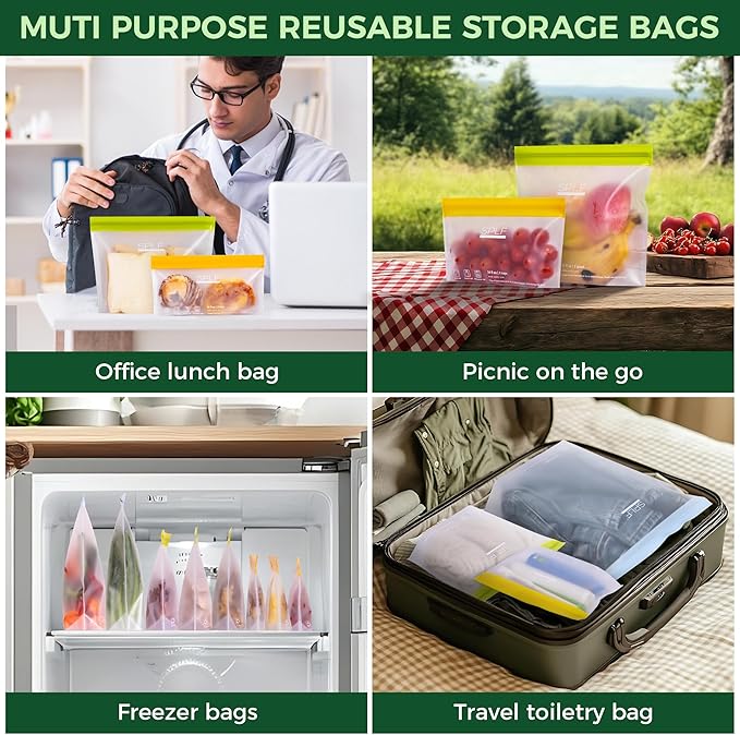 SPLF 6 Pack Stand-Up Reusable 2 Gallon Freezer Bags Dishwasher Safe, Reusable Freezer Bags 2 Gallon, Leakproof BPA Free Food Storage Bags for Marinate Meat, Veggies, Homemade Bread, Snack, Travel Item