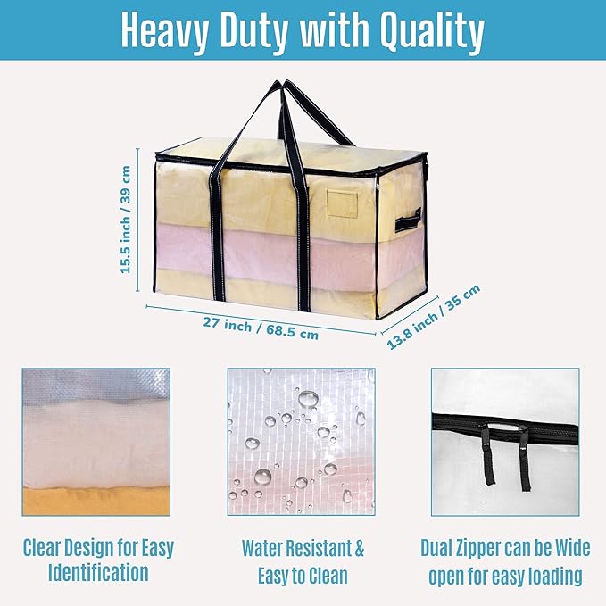 VENO 8 Pack Clear Moving Bags, 90L Extra Large Transparent Storage Totes, Heavy Duty 50lbs Load, Reinforced Handles, Zippers & Tag, See-Through Packing Boxes for Organizing Closet, Bedding, Clothes